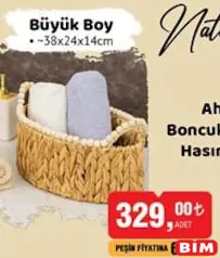 NATURALOVE AHŞAP BONCUK DETAYLI HASIR SEPET BÜYÜK BOY